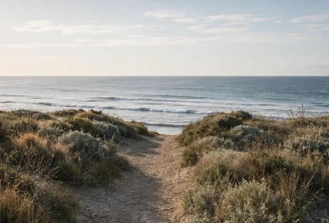 A sandy path through coastal grasses leading towards the ocean